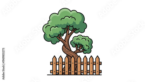 Stylized illustration of a lush green tree with a unique twisted brown trunk growing behind a wooden picket fence.
