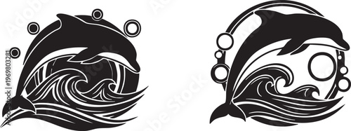 Two Artistic Compositions of Dolphins Jumping in Ocean Waves