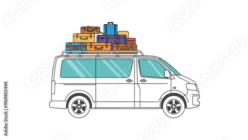 White travel van equipped with a roof rack carrying a large stack of colorful suitcases for a summer road trip journey.