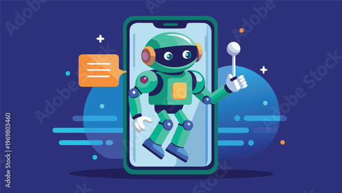 A playful flat-art digital illustration of a small green and blue robot assistant emerging from a smartphone screen with a friendly expression against a deep blue cosmic background