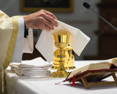 Priest elevating consecrated host above golden chalice during sacred mass.