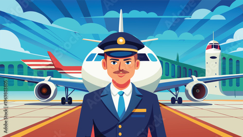 A professional flat-art digital illustration of a confident airline pilot in full uniform standing on an airport runway with a large commercial passenger jet prepared for takeoff in the background