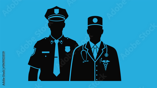 Silhouettes of a police officer and a medical doctor in uniform stand together against a bright blue background.