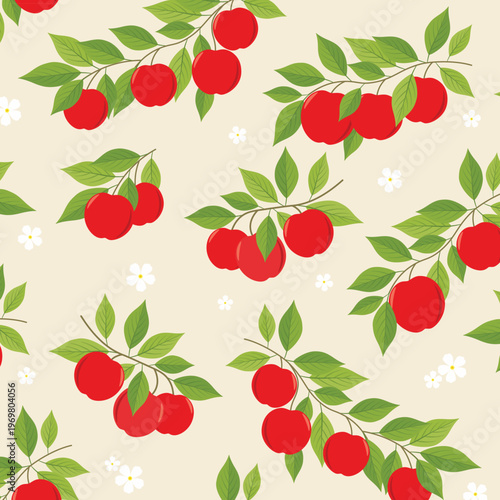 Seamless Red Apple Branch Pattern with Green Leaves Rustic Orchard Fruit Design for Textile Wallpaper Kitchen Decor and Wrapping Paper