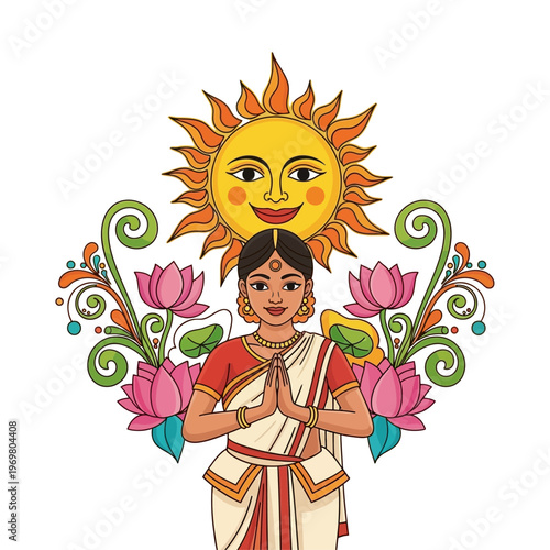 Sinhala and Tamil New Year Celebration with Traditional Woman, Sun, and Lotus Flowers