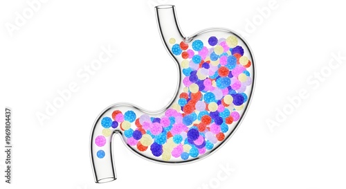 Transparent Glass Stomach Model with Glowing Probiotic Spheres – Gut Health, Digestion and Digestive Wellness Concept Isolated on White Background