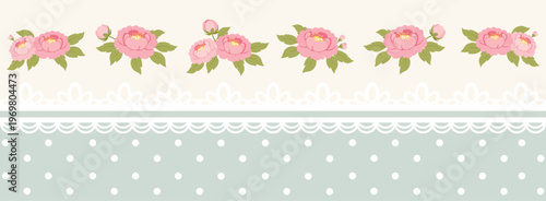 Romantic Peony Floral Border with Polka Dot Background Shabby Chic Design for Wedding Stationery Textile Wallpaper and Wrapping Paper