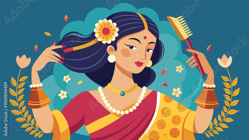 a woman in a traditional vibrant red and yellow sari grooming her long silky hair with a wooden comb, adorned with jewelry and a floral hair accessory