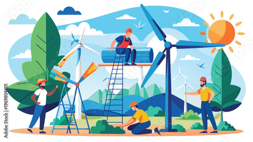 a team of engineers and technicians working together to maintain a large white wind turbine, symbolizing sustainable energy and a green future