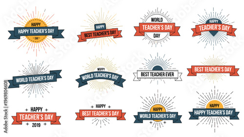 Collection of celebratory teacher day labels and emblems featuring colorful ribbons sunbursts and appreciative text.