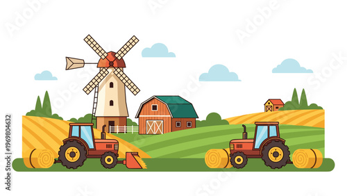 Farming landscape showing tractors harvesting hay bales next to a barn and a traditional windmill under a blue sky.