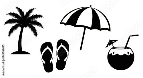 Vacation essentials including palm tree, flip-flops, umbrella, drink  