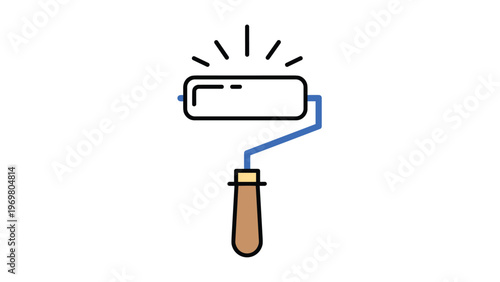 Paint roller tool icon with blue paint and a wooden handle used for home renovation or interior design concept illustrations.