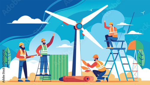 a team of engineers and technicians working together to maintain a large white wind turbine, symbolizing sustainable energy and a green future