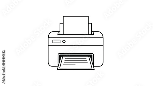Line art illustration of a desktop printer with paper loaded and a printed document coming out of the tray for office concepts.
