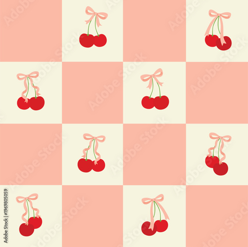 Cute Cherry Checkerboard Pattern on Peach Background Retro Coquette Summer Design for Textile Wallpaper and Wrapping Paper