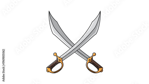 Pair of crossed scimitar swords with curved silver blades and ornate gold handles illustrated on a clean white background.