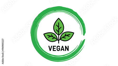 Green circular vegan label featuring three leaves and bold text for plant-based product branding or dietary certification.