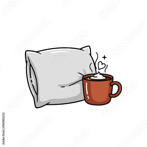 A cartoon pillow and a cup of coffee.