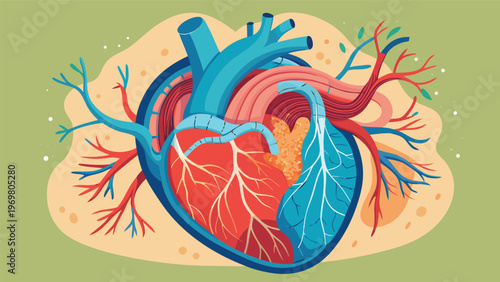 A stylized, anatomically inspired illustration of a human heart, showing arteries and veins in vibrant red and blue, against a textured, earthy background