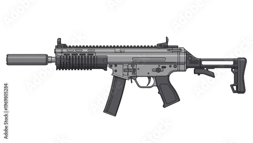 Realistic illustration of a modern submachine gun with a silencer and adjustable stock in shades of gray for tactical themes.