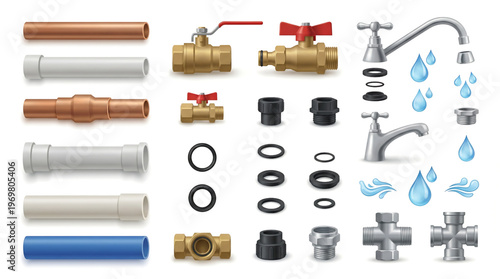 Plumbing and Water System Spare Parts and Pipe Components Vector Set