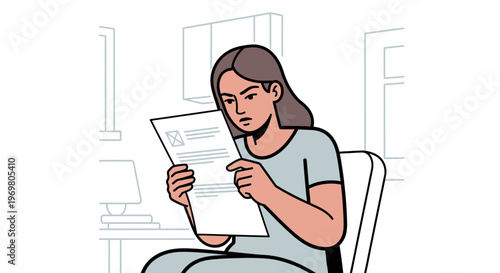 Woman sitting and reading document with serious expression indoors  