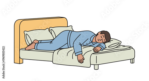Man sleeping on bed in pajamas with blanket partially covering him  