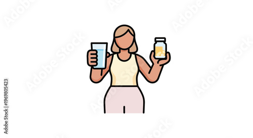 Woman holding glass of water and supplement bottle in minimalist style  