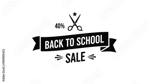Black and white back to school sale banner with a ribbon design and a scissors icon for retail promotion or marketing.