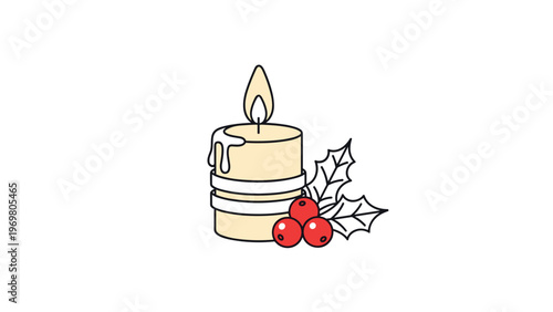 Traditional Christmas candle decorated with white melting wax and red holly berries for festive winter holiday decorations.