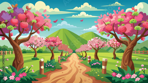 A picturesque landscape with a winding dirt path leading through vibrant green fields dotted with colorful flowers and blooming trees, under a bright blue sky with fluffy clouds and distant mountains