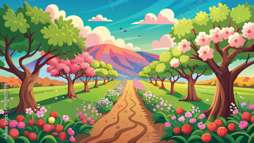 A picturesque landscape with a winding dirt path leading through vibrant green fields dotted with colorful flowers and blooming trees, under a bright blue sky with fluffy clouds and distant mountains