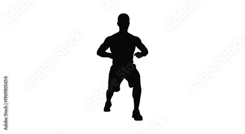 Muscular man in a dynamic pose facing forward black silhouette