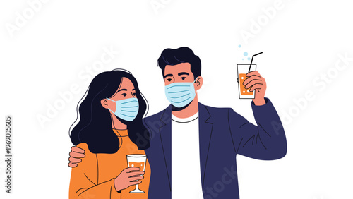 Young man and woman wearing protective face masks while holding glasses of orange juice during a social gathering event.
