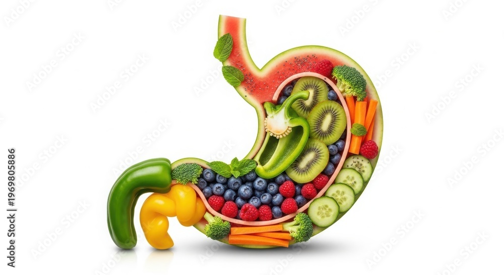 Fototapeta premium Human Stomach Shape Made of Fresh Fruits and Vegetables for Gut Health and Nutrition Concept isolated on White Background