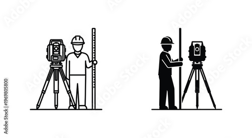 Surveyors with equipment using theodolites and levels black and white silhouette