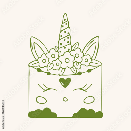 Cute smiling unicorn cake with horn, flower crown and closed eyes, green outline doodle flat retro style. Whimsical minimalist hand drawn vector illustration for baby girl birthday, party on beige