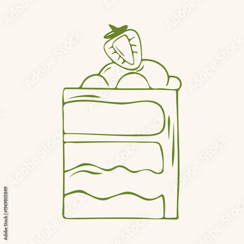 Cute piece of strawberry layer cake with frosting, green outline doodle flat retro style. Whimsical minimalist hand drawn vector illustration of dessert for birthday, anniversary on beige background