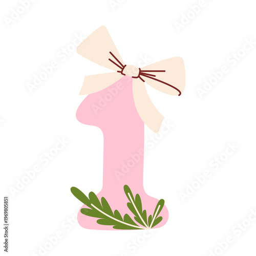 Cute pink number one with a cream bow and green leaves, colorful flat retro style. Whimsical minimalist hand drawn vector illustration for baby girl first birthday, anniversary. Isolated on white.