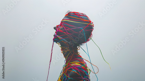 Silhouette of person entangled in colorful threads, abstract concept of emotional stress, anxiety and mental pressure.