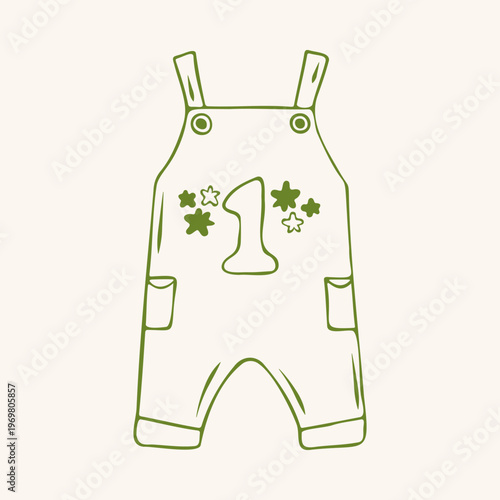 Cute baby overalls with number one and stars, green outline doodle flat retro style. Whimsical minimalist hand drawn vector illustration for kids first birthday or party decor. Isolated on beige