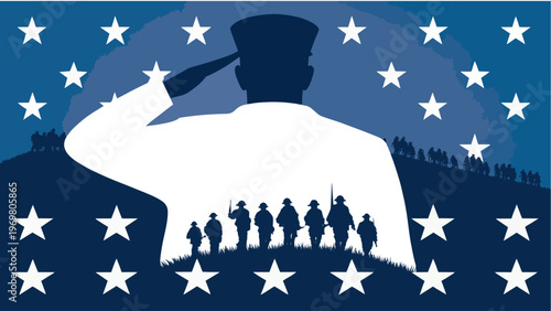 Saluting Soldier Silhouette Double Exposure Vector, Patriotic Star Spangled Background with Marching Troops, Memorial Day and Veterans Day Tribute Illustration