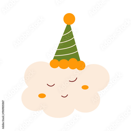 Cute sleeping cloud in green party hat with pompon, colorful flat retro style. Whimsical minimalist hand drawn vector illustration for baby shower, nursery or birthday decor. Isolated on white
