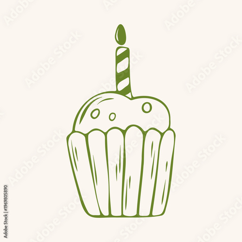 Cute birthday cupcake with cream frosting and a burning candle, green outline doodle flat retro style. Whimsical minimalist  hand drawn vector illustration for baby anniversary or party decor on beige