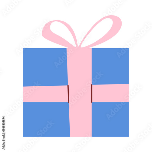 Cute blue gift box with a pink ribbon and bow, colorful flat retro style. Whimsical minimalist hand drawn vector illustration for birthday surprise, celebration or holiday isolated on white.