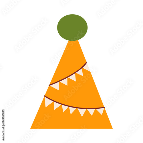 Cute  party hat with pompom and bunting flags, colorful flat retro style. Whimsical minimalist hand drawn vector illustration for baby birthday or festive celebration. Isolated on white background.