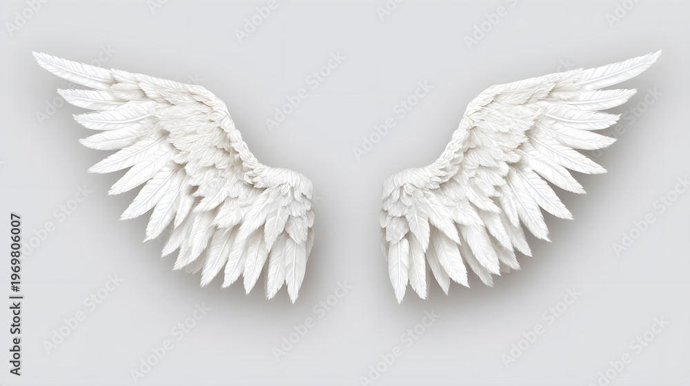 Fototapeta premium White angel wings isolated on light background, soft feather texture and elegant symmetrical design for fantasy concept.