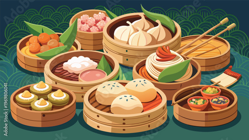 A delightful assortment of various Chinese dim sum dishes, including steamed dumplings, buns, and other delicacies, served in traditional bamboo steamers, showcasing a rich culinary tradition