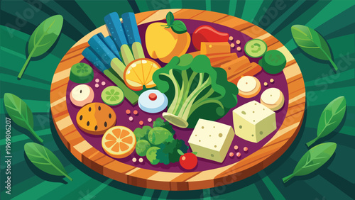 A vibrant platter of assorted healthy foods, featuring fresh vegetables like broccoli and cucumbers, fruits such as oranges and apples, and cubes of cheese and tofu, arranged artfully on a wooden base